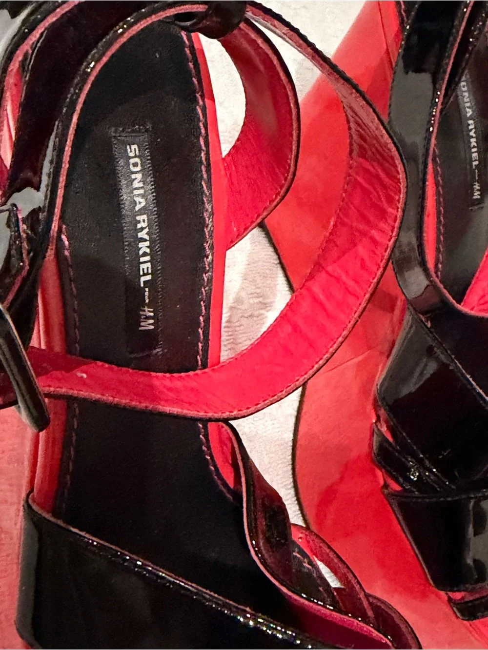Sonia Rykiel Black Patent Leather Strappy Wedges with Pink Platform
